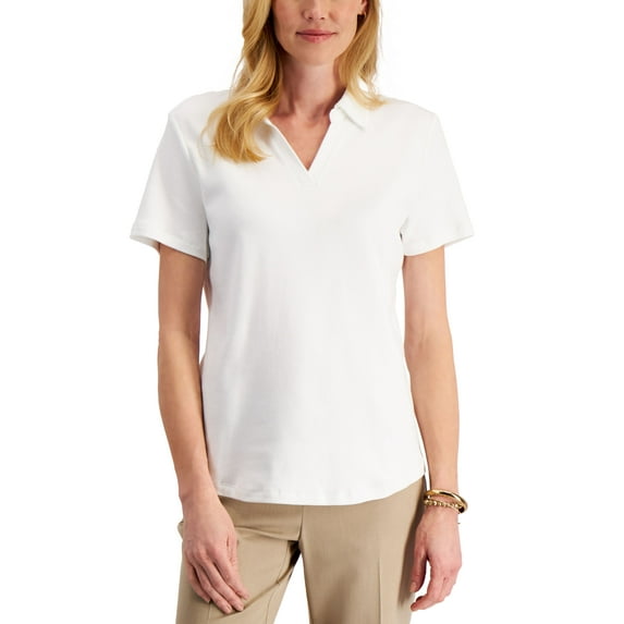 Karen Scott Petite Solid Johnny Collared Top Bright White PXL