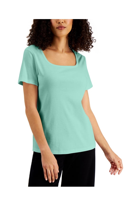 Petite Square Neck Cotton Top Aqua Ice PL