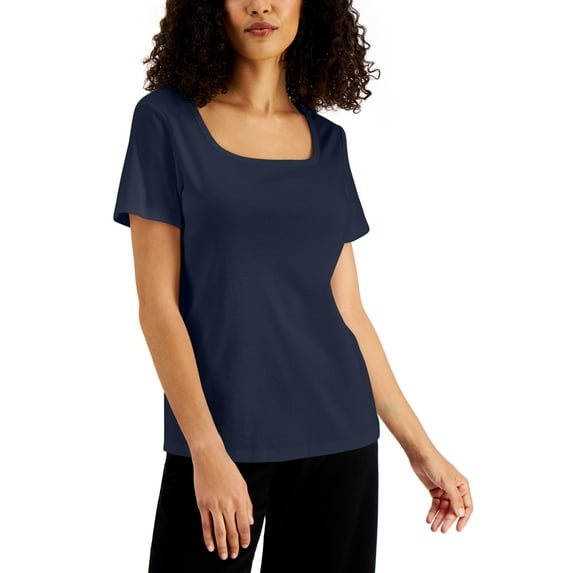 Karen Scott Petite Square Neck Cotton Top Intrepid Blue PP
