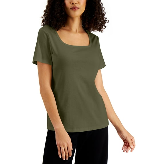 Karen Scott Petite Square Neck Cotton Top Winter Moss PXL