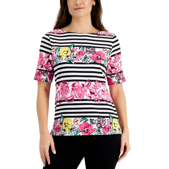 Karen Scott Petite Striped Floral Print Top Pinkwhite Combo PM