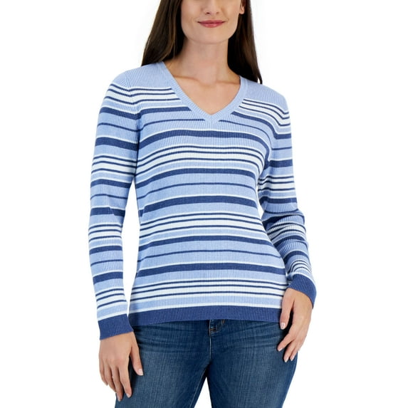 Karen Scott Petite Striped V Neck Sweater Light Blue Heather Combo PM