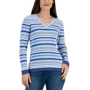 KAREN SCOTT Petite Striped V Neck Sweater Light Blue Heather Combo PP
