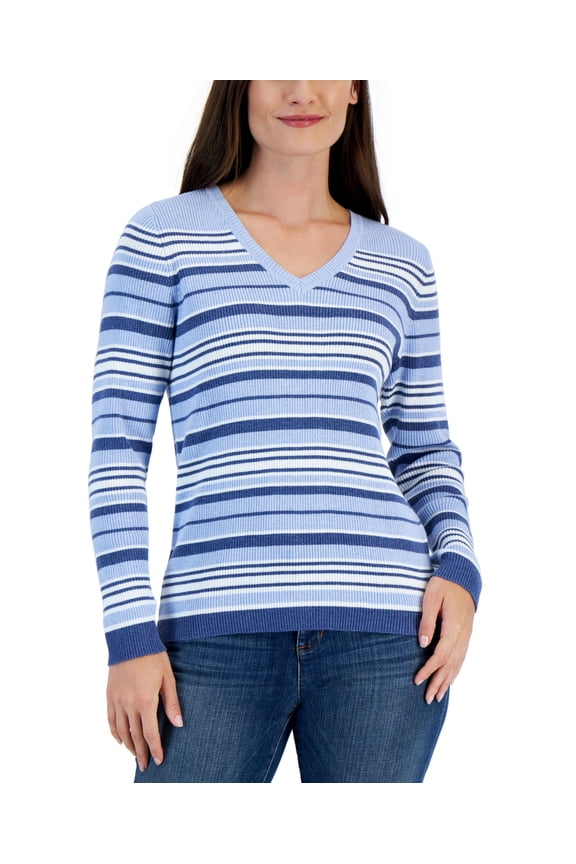 Petite Striped V Neck Sweater Light Blue Heather Combo PP
