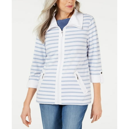 Karen Scott Petite Striped Zip Front Jacket Light Blue Heather PS