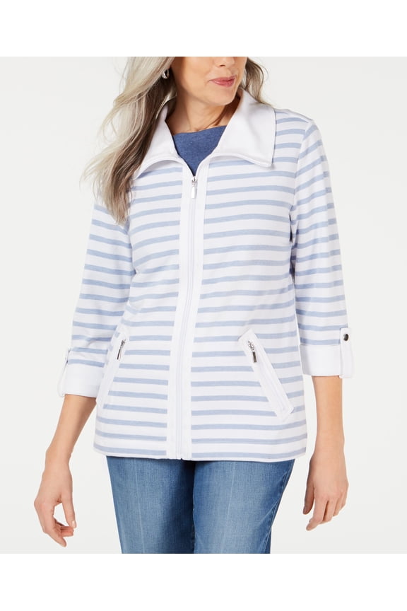 Petite Striped Zip Front Jacket Light Blue Heather PS