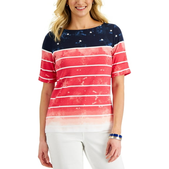 Karen Scott Petite Watercolor Patriotic Boatneck Top New Red Amore PS