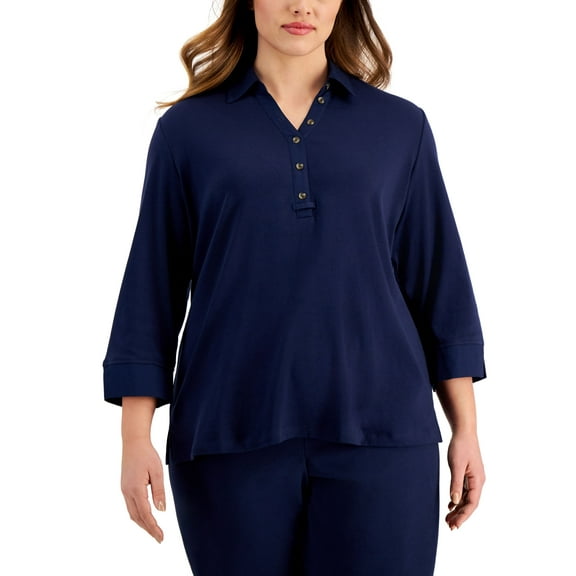 Karen Scott Plus Size 3/4 Sleeve Cotton Top Intrepid Blue 0X
