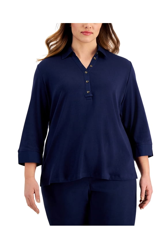 Plus Size 3/4 Sleeve Cotton Top Intrepid Blue 2X
