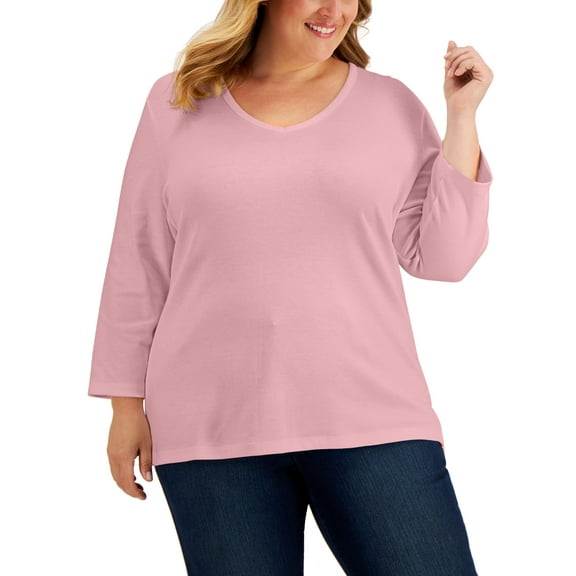 Karen Scott Plus Size 3/4 Sleeve V Neck Top Boca Blush 0X