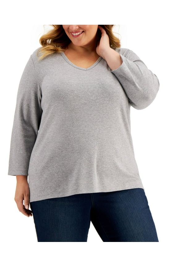 Plus Size 3/4 Sleeve V Neck Top Smoke Grey Heather 2X