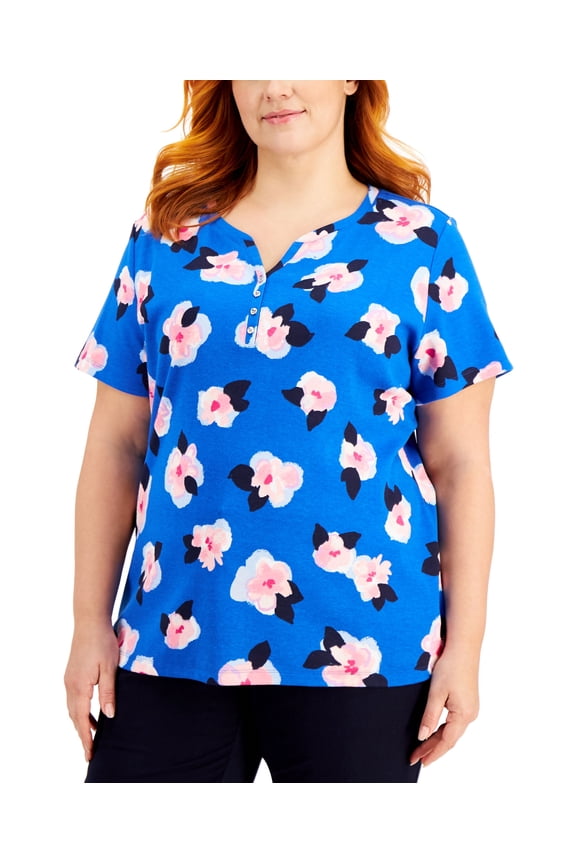 Plus Size Anya Floral Henley Top Vibrant Blue 1X
