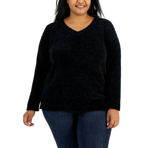 Karen Scott Plus Size Chenille V Neck Sweater Deep Black 1X