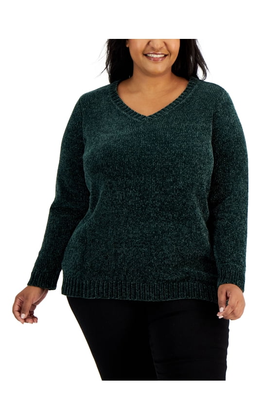 Plus Size Chenille V Neck Sweater Forest Green 2X
