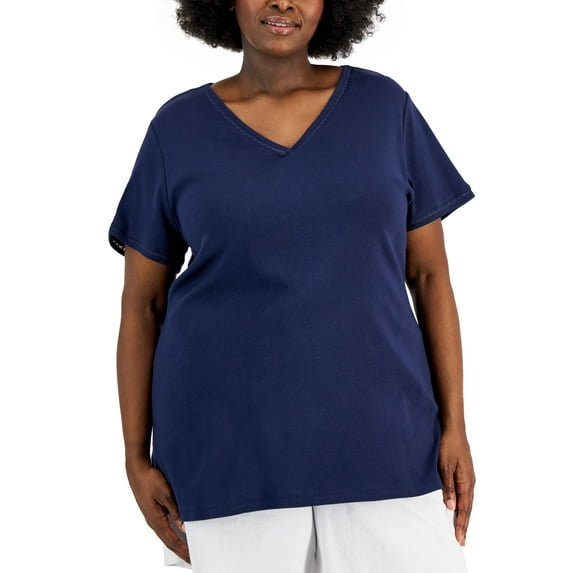 Karen Scott Plus Size Cotton Crochet Trimmed Top Intrepid Blue 1X