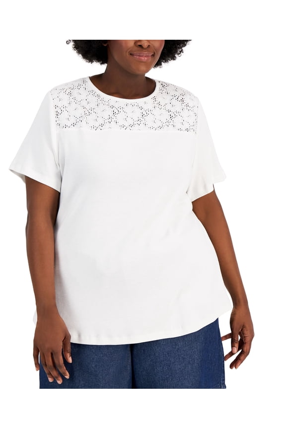 Plus Size Cotton Crochet Yoke Top Bright White 0X