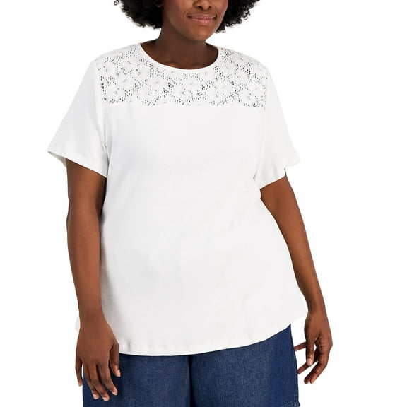 Karen Scott Plus Size Cotton Crochet Yoke Top Bright White 2X