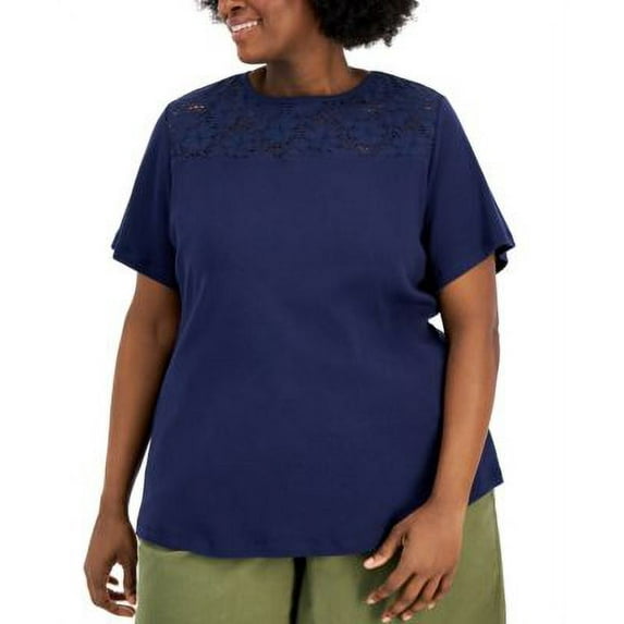 Karen Scott Plus Size Cotton Crochet Yoke Top Intrepid Blue 1X
