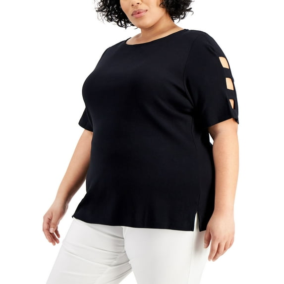 Karen Scott Plus Size Cotton Cutout Sleeve Top Deep Black 0X