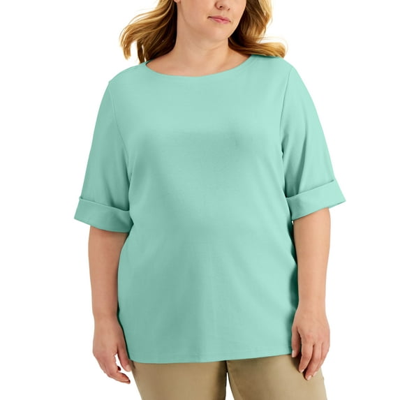 Karen Scott Plus Size Cotton Elbow Sleeve Top Aqua Ice 3X