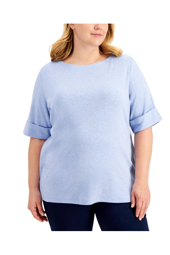 Plus Size Cotton Elbow Sleeve Top Light Blue Heather 2X
