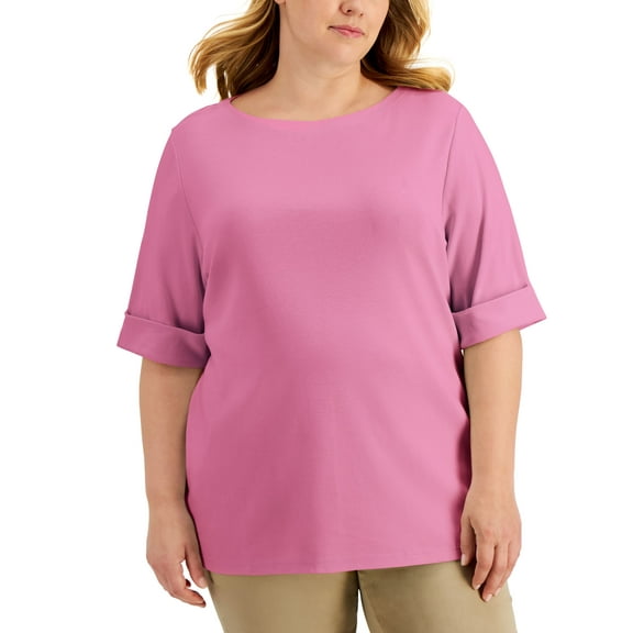 Karen Scott Plus Size Cotton Elbow Sleeve Top Rose Glow 1X
