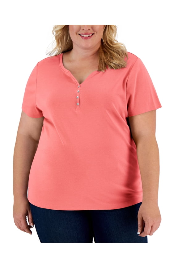Plus Size Cotton Henley Top Shell Pink 0X