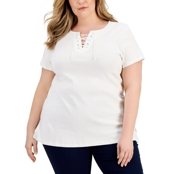 Karen Scott Plus Size Cotton Lace Up Tunic Bright White 3X