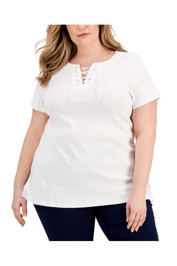 Plus Size Cotton Lace Up Tunic Bright White 3X