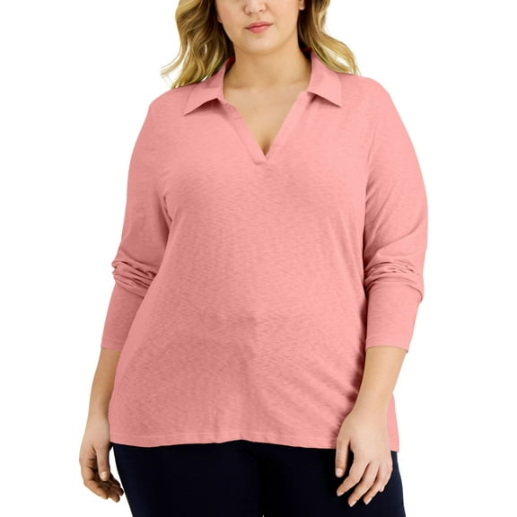 Karen Scott Plus Size Cotton Open Neck Polo Top Coral Ice 0X