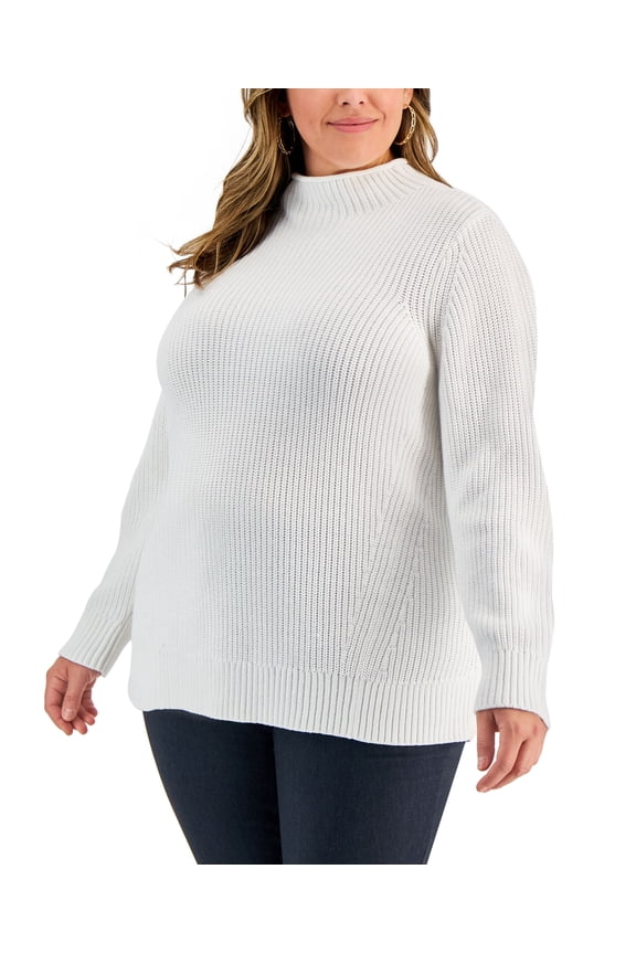 Plus Size Cotton Ribbed Mock Neck Sweater Winter White 1X