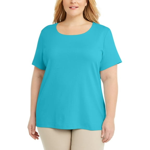 Karen Scott Plus Size Cotton Scoop Neck Top Aqua Oasis 0X