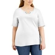 KAREN SCOTT Plus Size Cotton Split Neck T-Shirt Bright White 0X