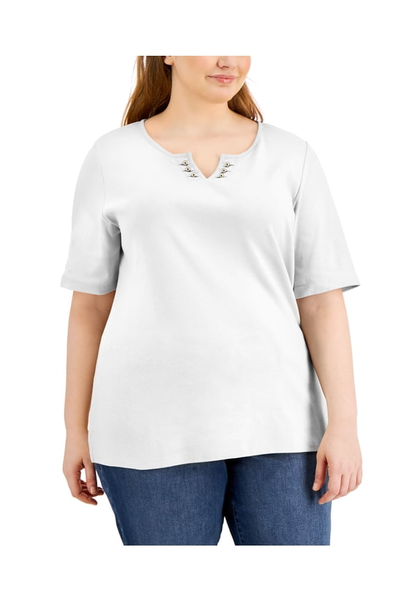 Plus Size Cotton Split Neck T-Shirt Bright White 0X