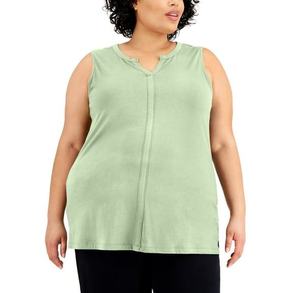 Karen Scott Plus Size Cotton Split Neck Tunic Calm Aloe 3X