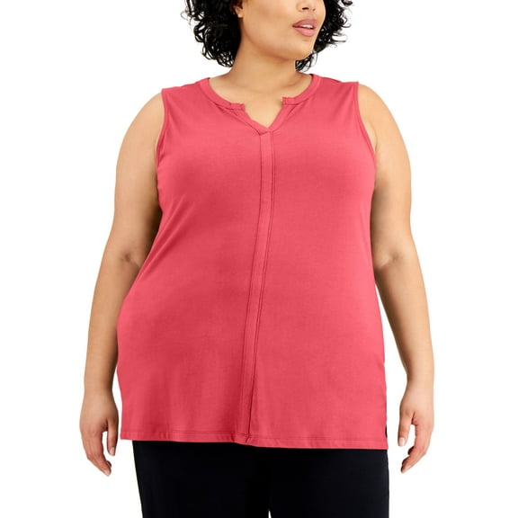 Karen Scott Plus Size Cotton Split Neck Tunic Peony Coral 2X