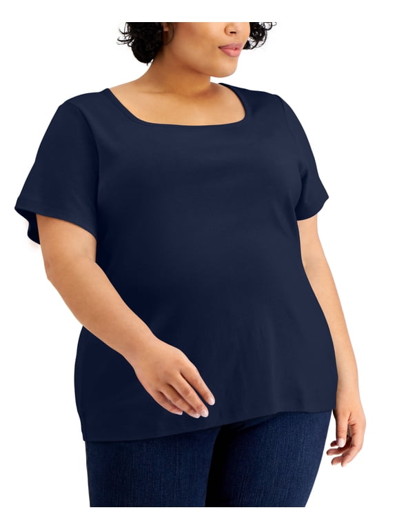 Plus Size Cotton Square Neck Top Intrepid Blue 0X