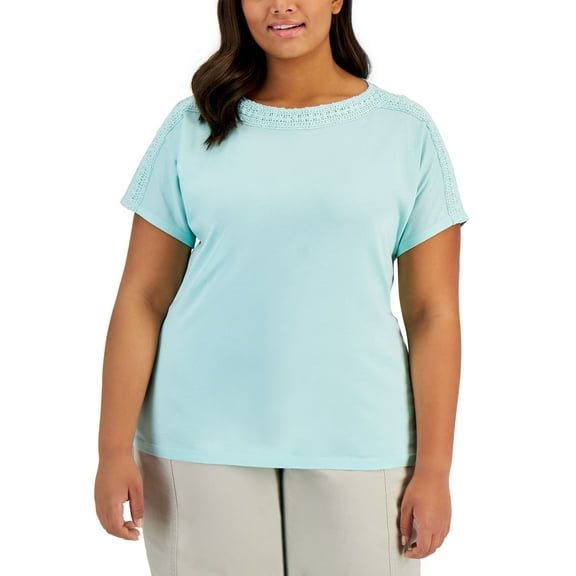 Karen Scott Plus Size Crochet Trim Top Aqua Ice 0X