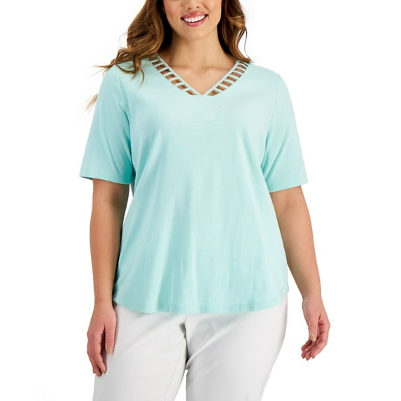 Karen Scott Plus Size Elbow Sleeve Ladder Cutout V Neck Top Aqua Ice 0X