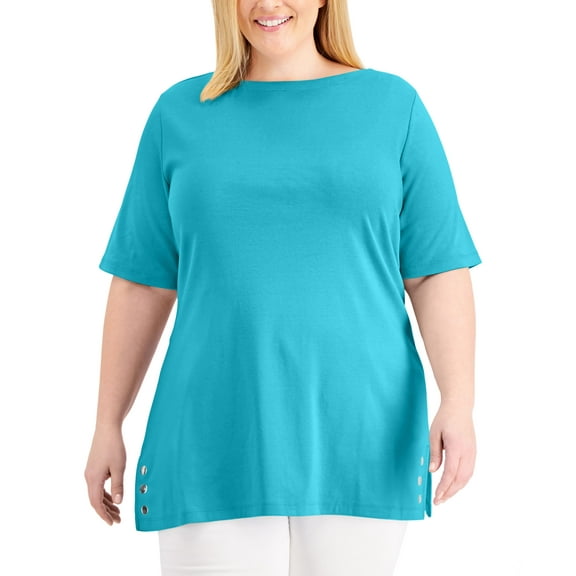 Karen Scott Plus Size Embellished Hem Top Aqua Oasis 3X