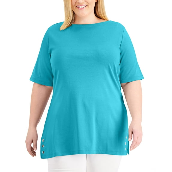 Karen Scott Plus Size Embellished Hem Top Aqua Oasis 3X