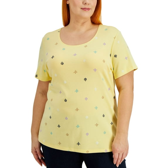 Karen Scott Plus Size Filigree Flight Printed Scoop Neck Top Citron Aura 1X