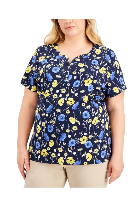 Plus Size Floral Print Henley T-Shirt Intrepid Blue 1X