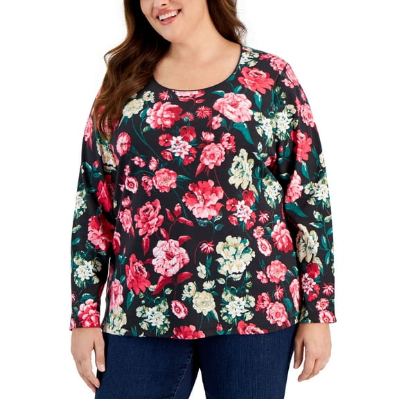 Karen Scott Plus Size Floral Print Scoop Neck Top Deep Black 0X