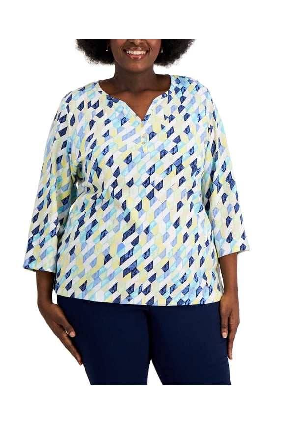 Plus Size Geo Print Henley Top Intrepid Blue 0X