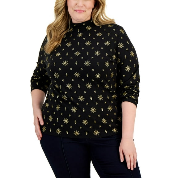 Karen Scott Plus Size Holiday Printed Mock Neck Top Deep Black 2X