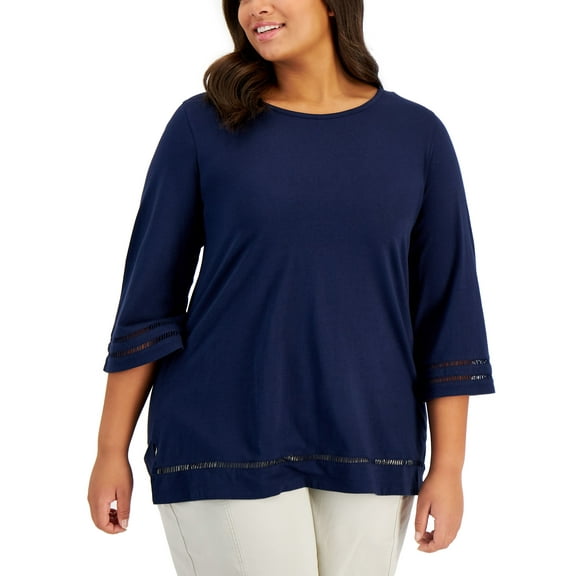 Karen Scott Plus Size Ladder Trim Top Intrepid Blue 1X