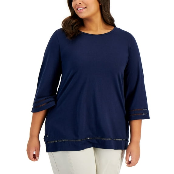 Karen Scott Plus Size Ladder Trim Top Intrepid Blue 1X