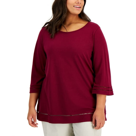 Karen Scott Plus Size Ladder Trim Top Malbec 0X