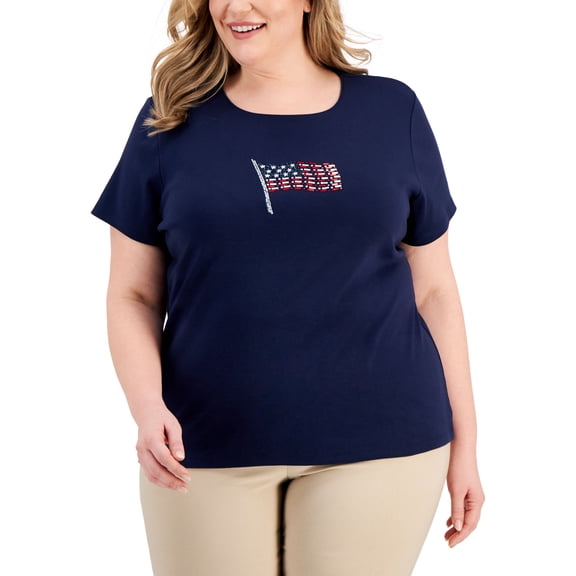 Karen Scott Plus Size Mixed Print Graphic T-Shirt Blue Combo 2X